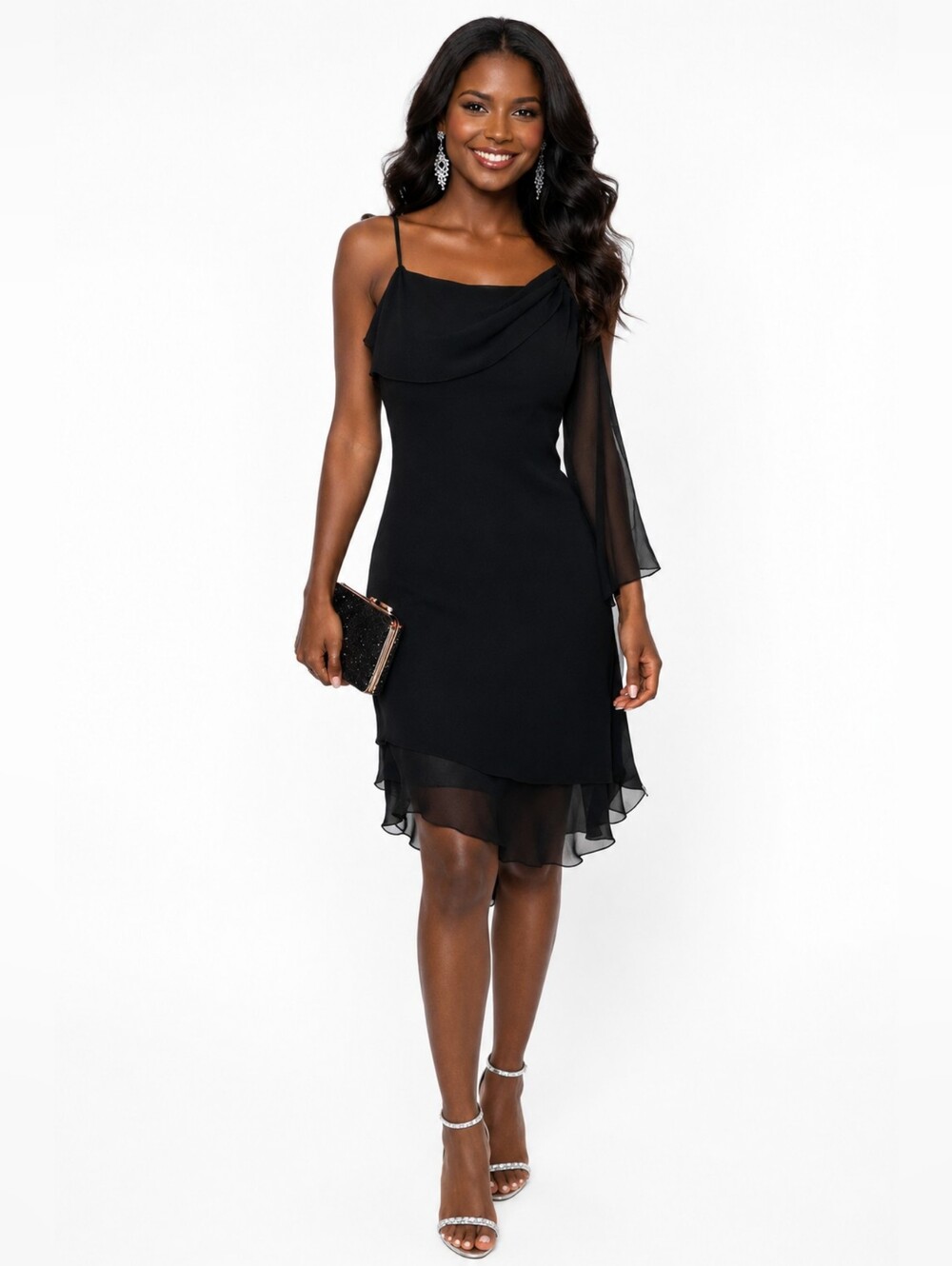 Marks & Spencer Seminzformal Black Drape Chiffon Waterfall Spaghetti Strap Dress